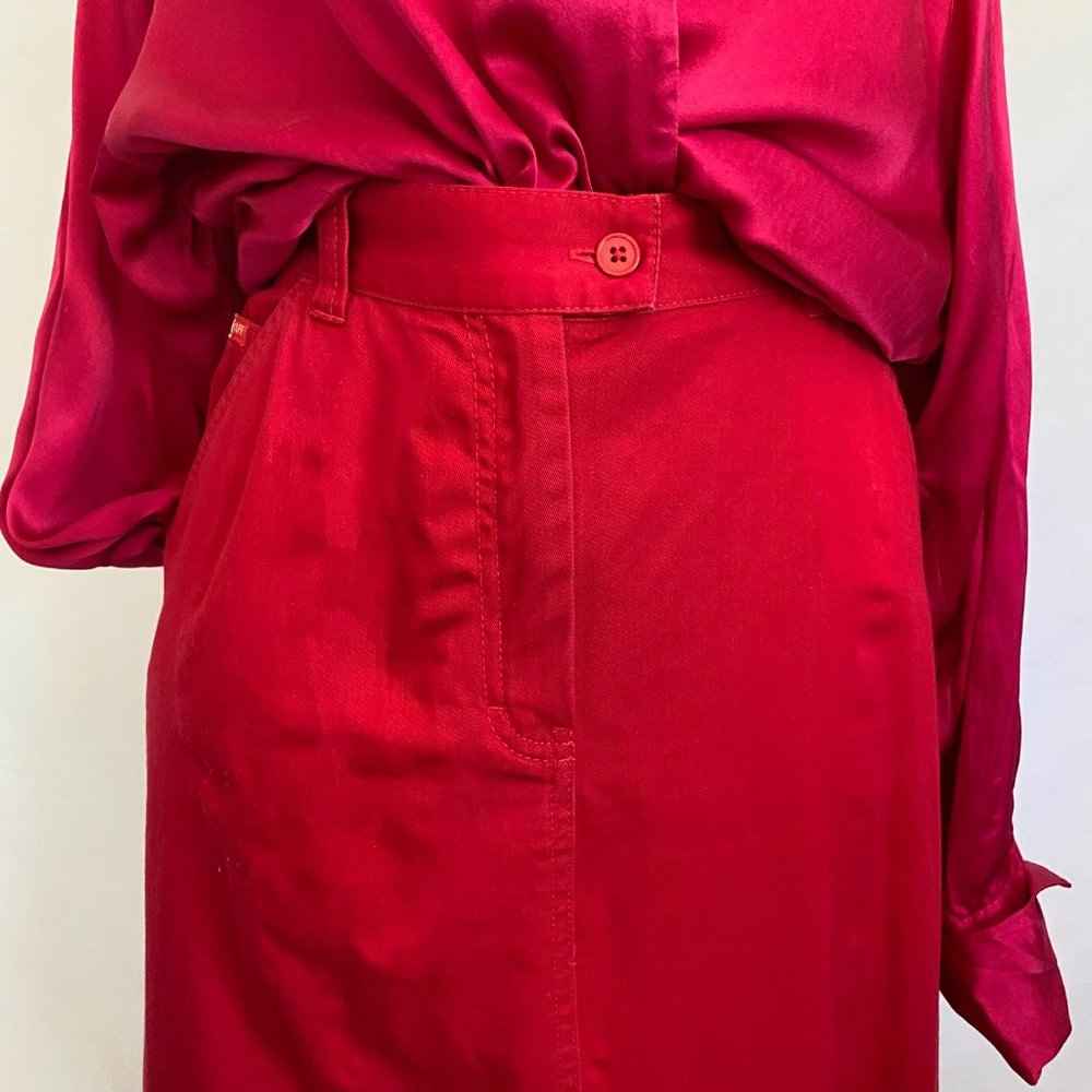 Vtg French Cuff Candy Red Full-Length Denim Skirt